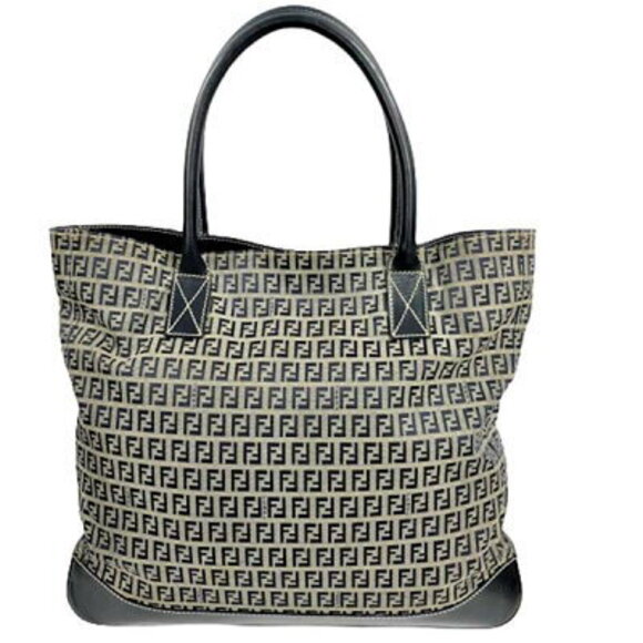 Fendi Handbags - Fendi Tote Bag Brown Beige Canvas FF Logo Zucca Monogram Leather B